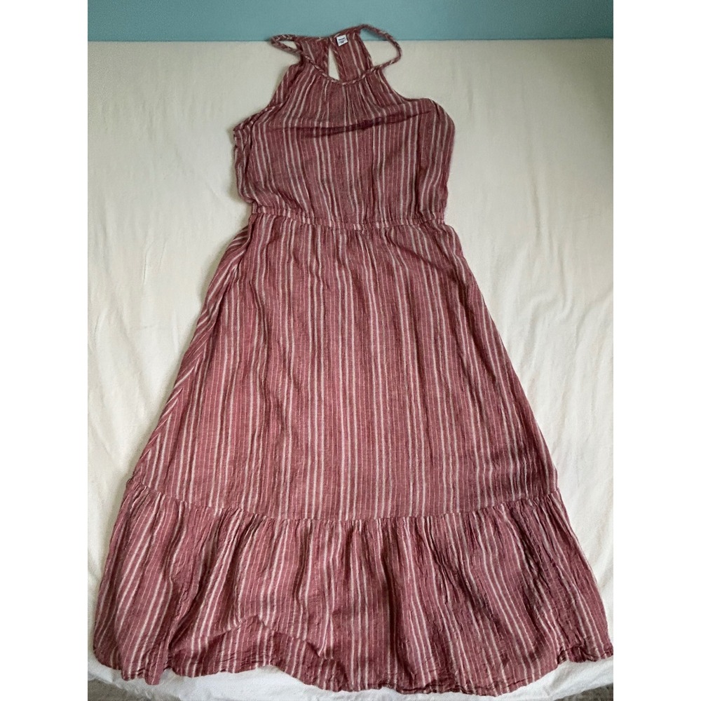 Old Navy Womens Red White Striped Halter Maxi Dress Linen Blend Tiered Large